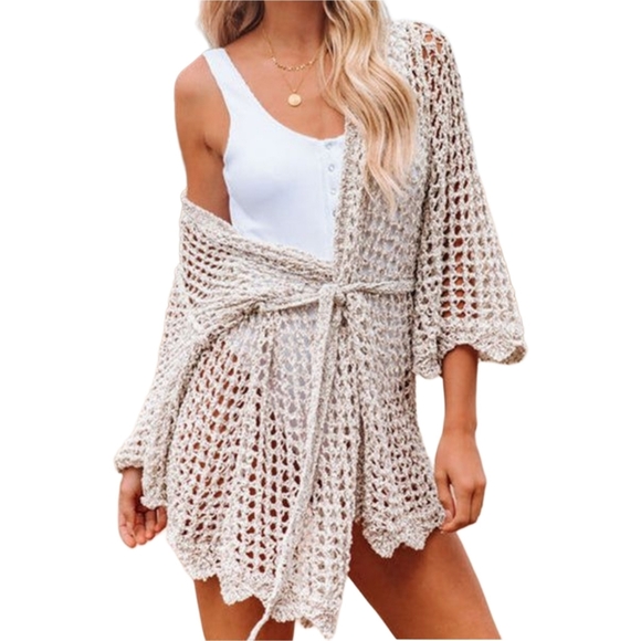 Vici Sweaters - Crochet Large Loop Open Knit See Through Sweater With Tie Belt